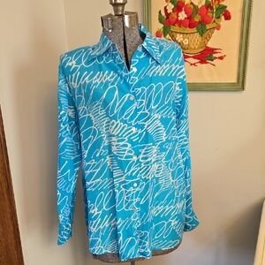 Newport News Silk Aqua Blue Abstract Lines Blouse